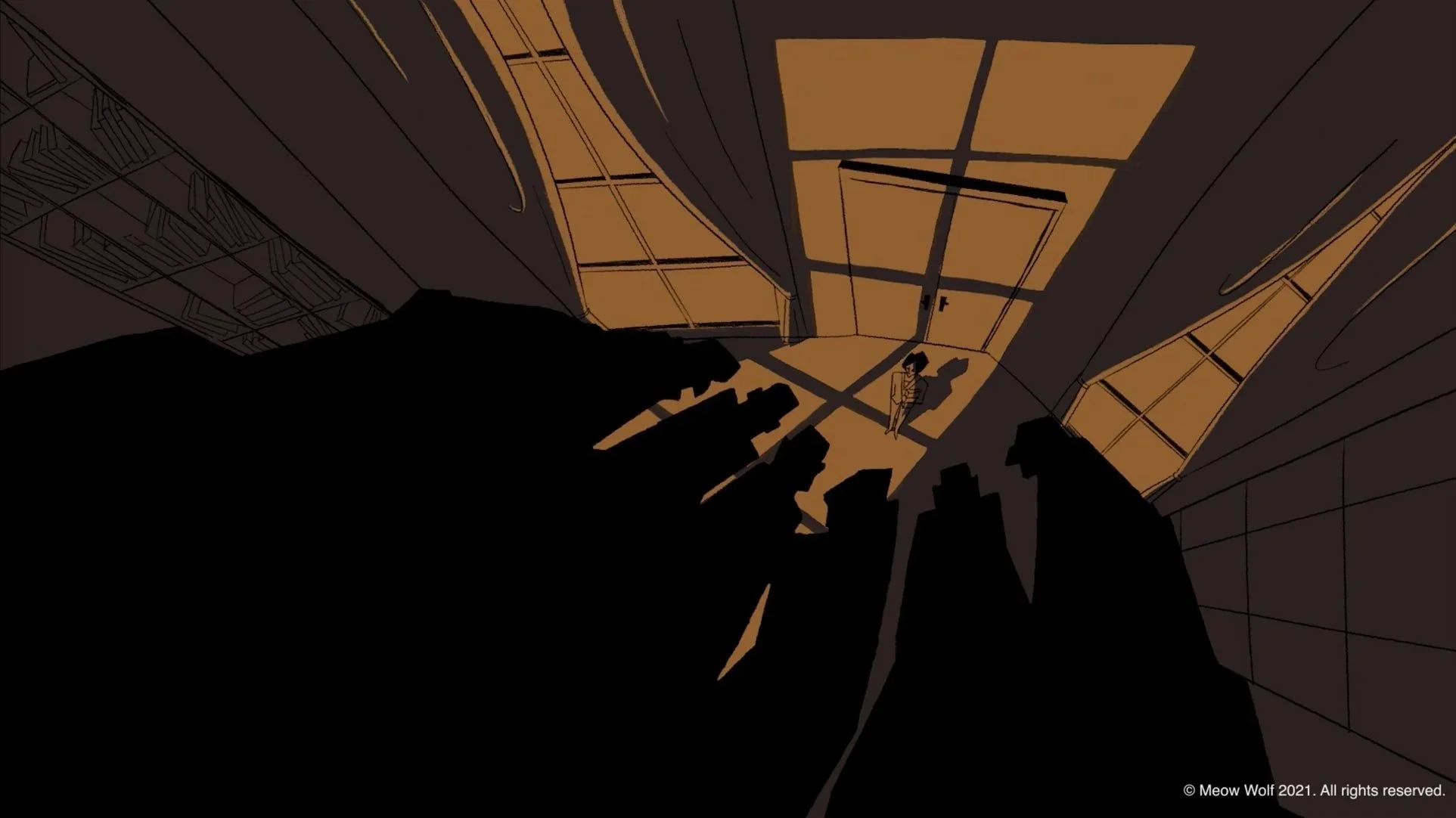 The academic committee sits in silhouette before a tiny Pam, judging her work — The Forgotten Four, Meow Wolf.