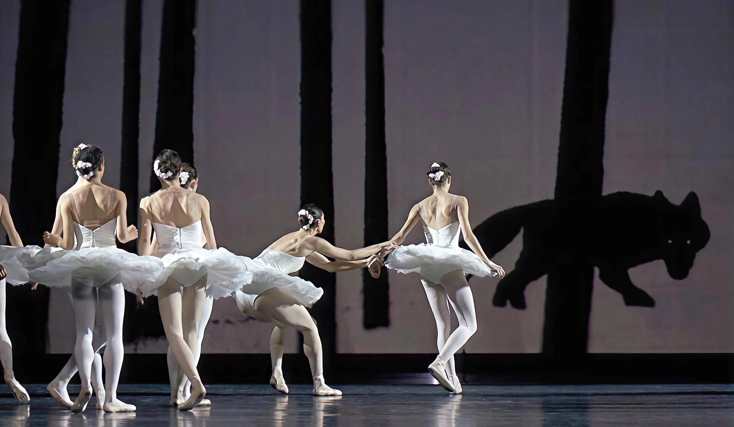 Ballerinas in white tutus link hands for safety as a projected wolf prowls through the painted forest in front of them — Between Dogs & Wolves, Wiener Staatsballett.