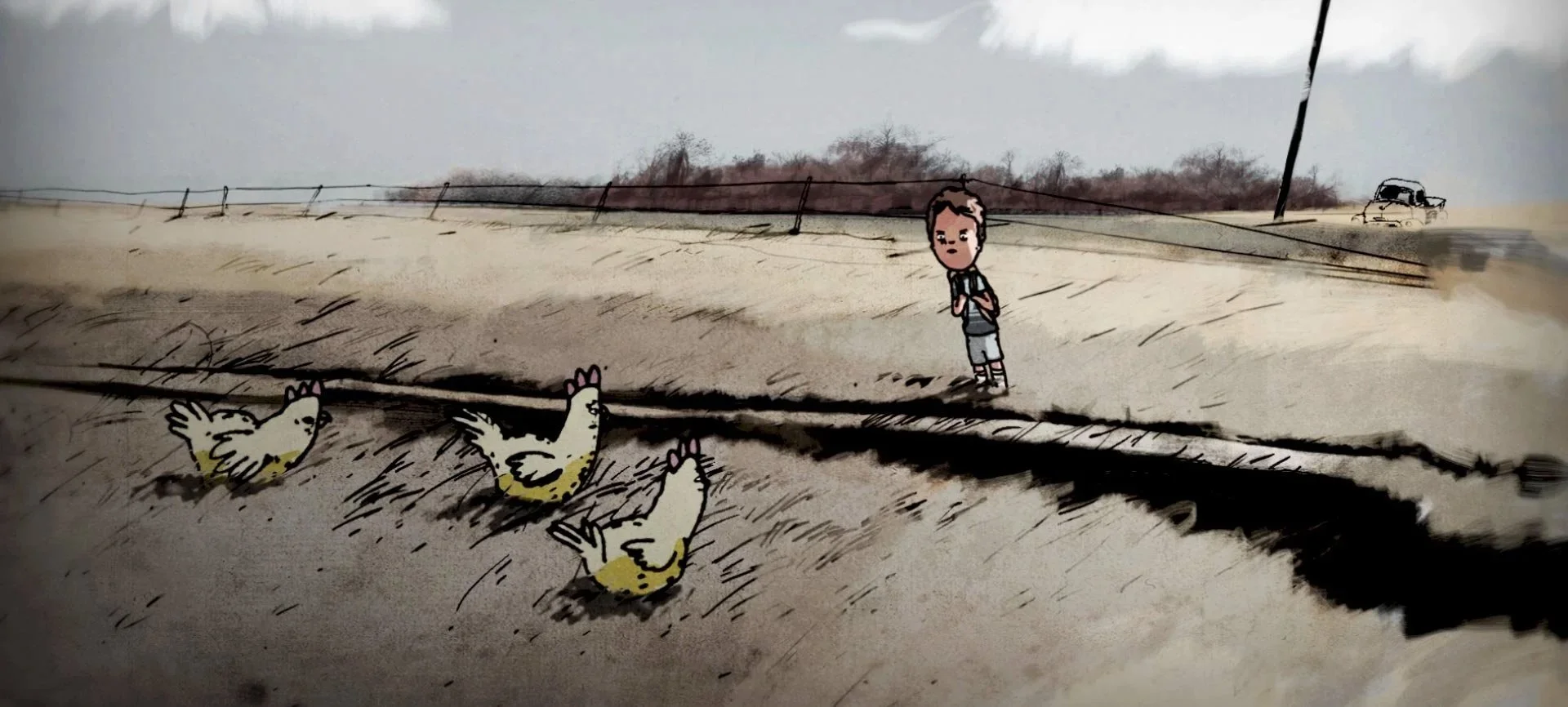 A young boy has a standoff with three chickens in a dry field — The Renter.