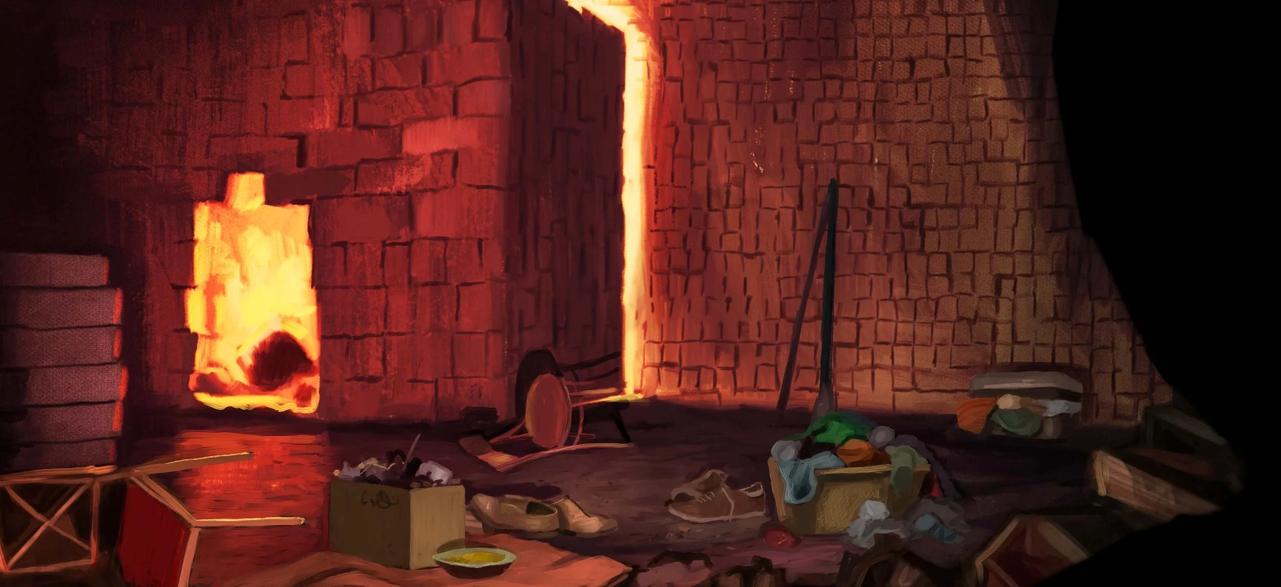 Inside the brick kiln, a red wall glows with heat above scattered belongings — The Price of Free.