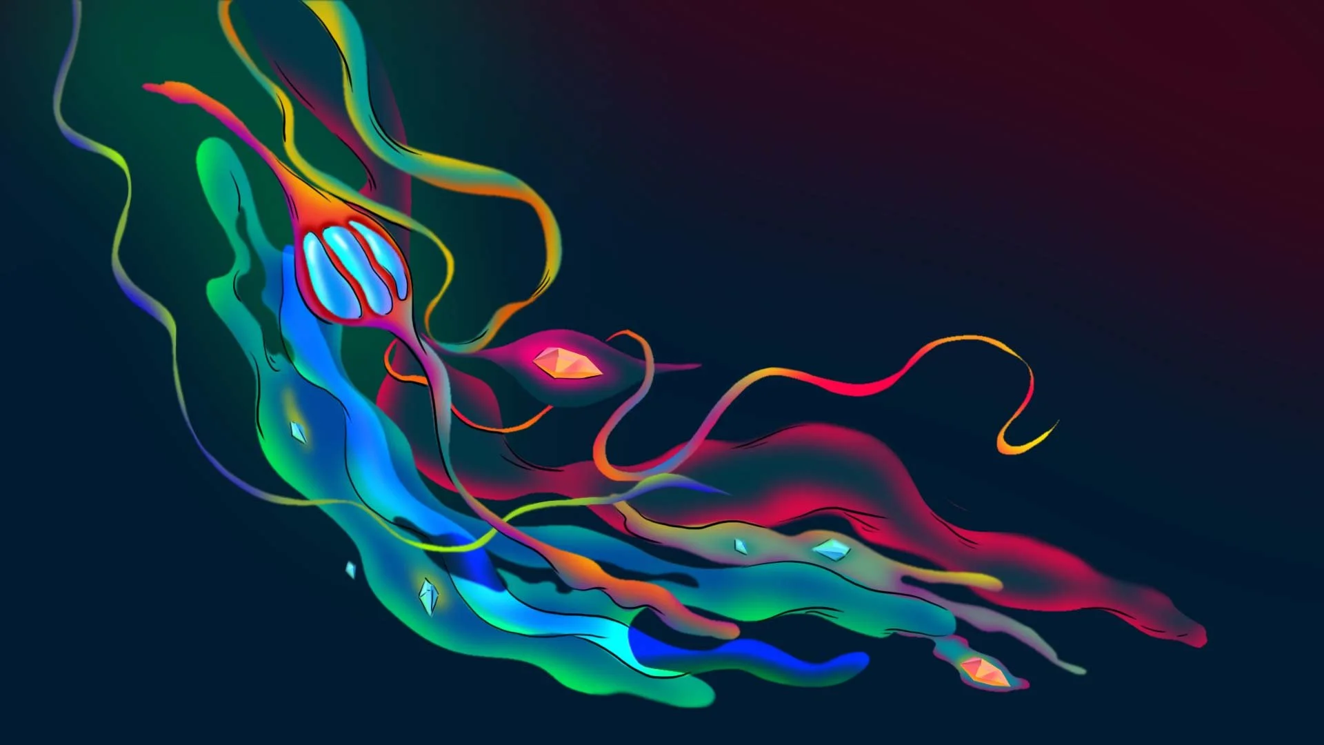 Numina, a living universe, takes shape as flowing ribbons of color around a glowing, eye-like seed — The Forgotten Four, Meow Wolf.