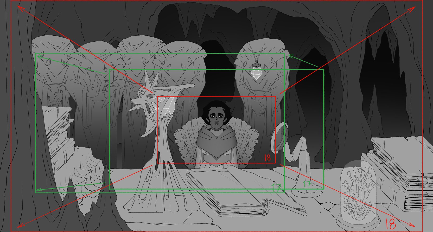 A layout of Rune at her table, with rough figures of the elders around her and camera framing marked over the scene — The Forgotten Four, Meow Wolf.
