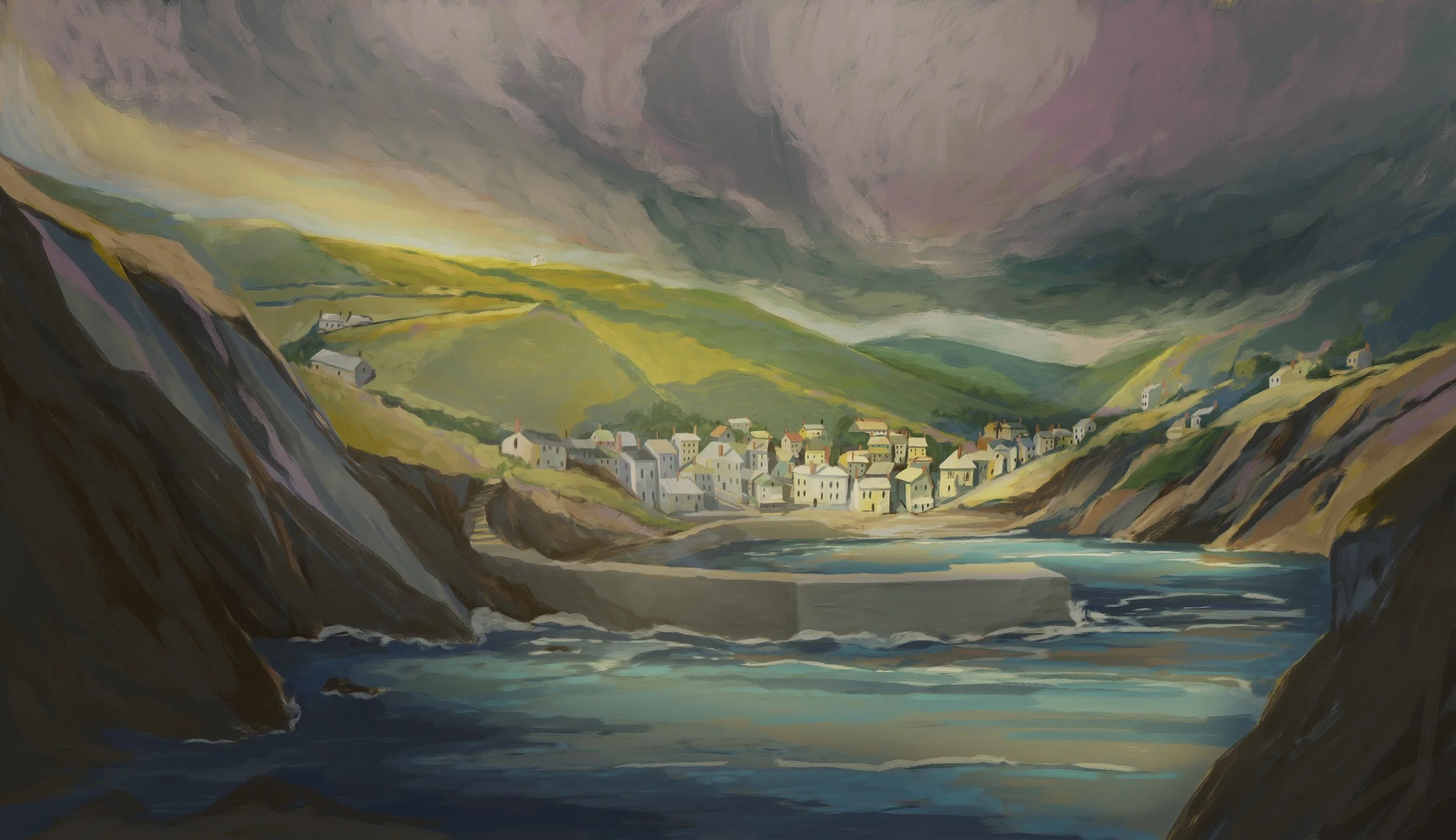 Moon's village: whitewashed cottages crowd the end of a Cornish cove between steep cliffs, a granite harbor wall curving into the water beneath green hills and a heavy, lit sky — Moon & the Dolphin, BFI.