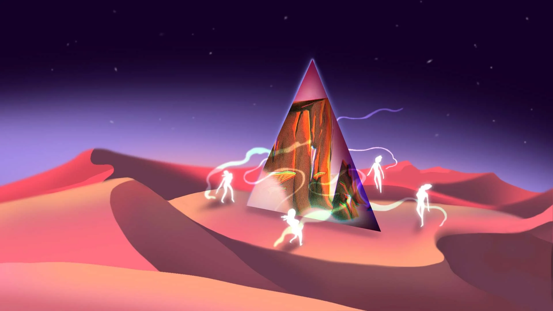 Pale, glowing figures dance around a triangular portal in pink desert dunes at dusk — The Forgotten Four, Meow Wolf.