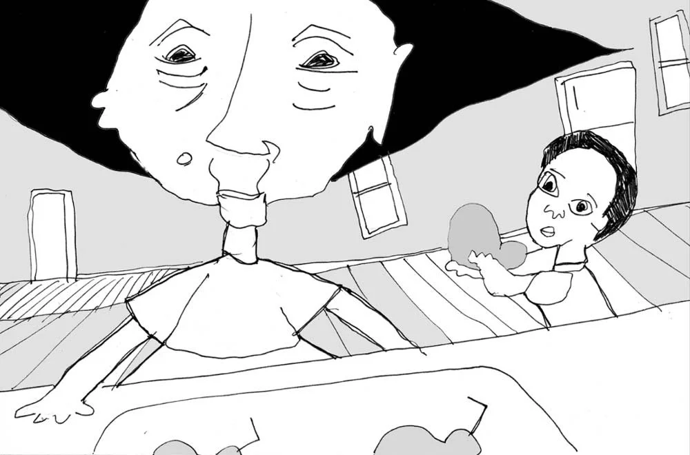 The old woman leans over the sink as the boy holds up a pear — The Renter.