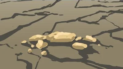 Color script: stones lie on cracked, dry soil — The Possibilities of Regeneration, Kiss the Ground.