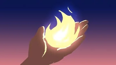 Color script: a hand cradles a glowing flame against a dusk sky — The Possibilities of Regeneration, Kiss the Ground.