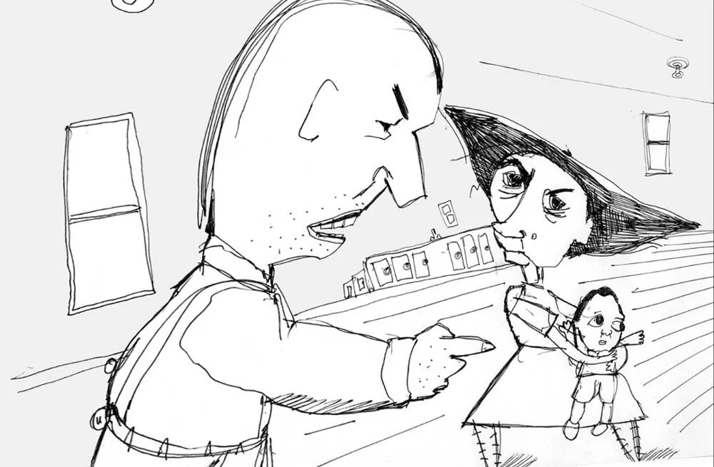 The renter points angrily at the woman as she holds the boy close — The Renter.