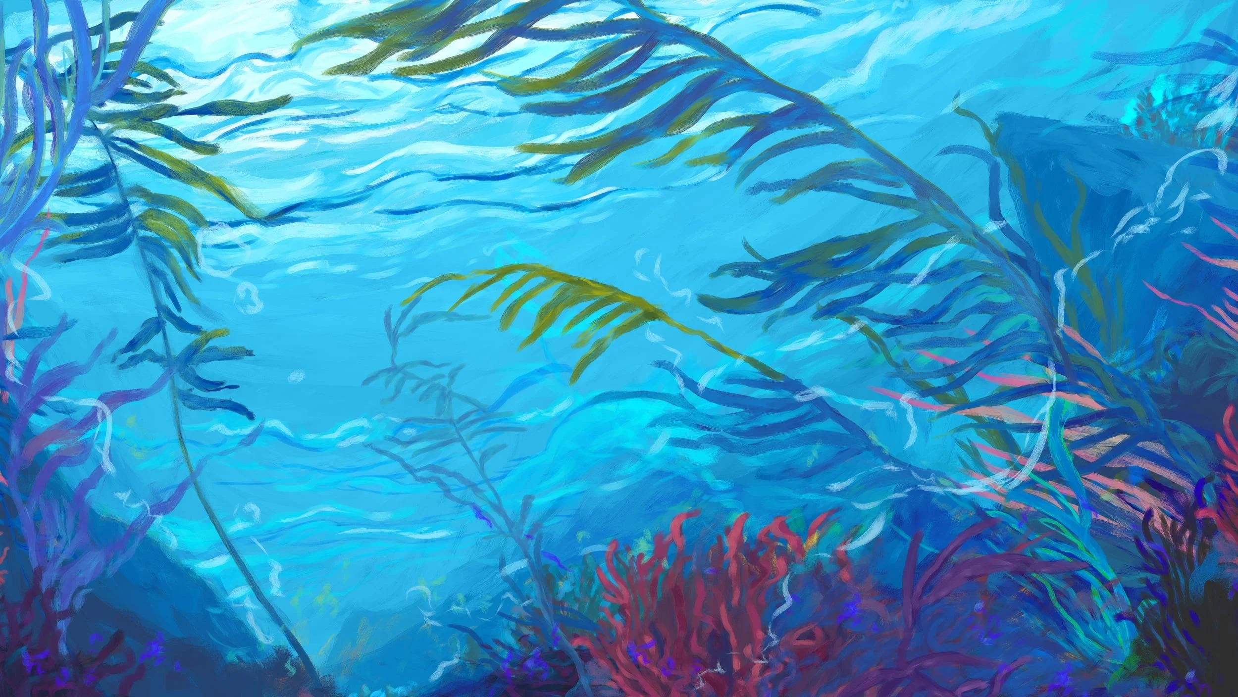 Beneath the surface where Moon swims with the dolphin, kelp and red seaweeds native to Cornish waters sway in bright blue light — Moon & the Dolphin, BFI.