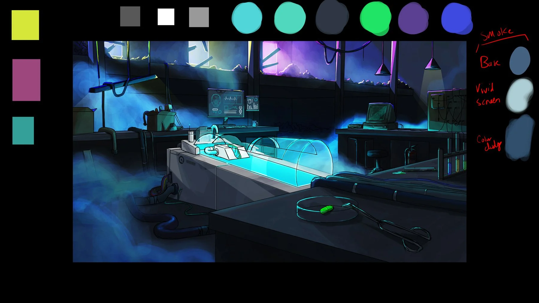 The dim C Street lab, with the glowing tank Darya uses to search for Numina, beneath a color palette — The Forgotten Four, Meow Wolf.