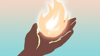 Color script: a hand cradles a glowing flame against a pale sky — The Possibilities of Regeneration, Kiss the Ground.