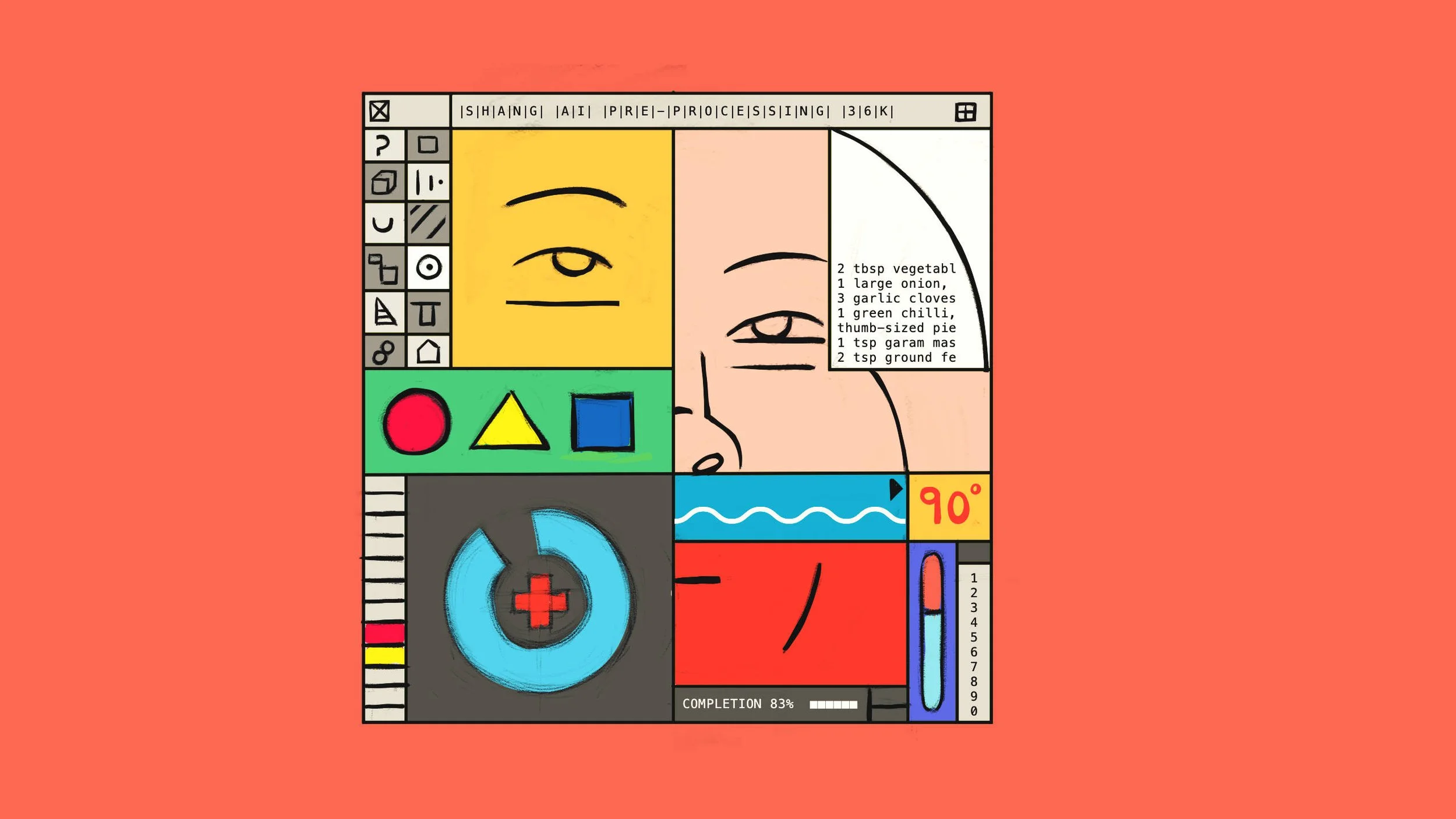 A retro computer screen collage on coral red: an AI "pre-processes" David Chang's intuition, piecing together his face, a recipe list, simple shapes and a progress dial at 83% completion — The Next Thing You Eat, Hulu.
