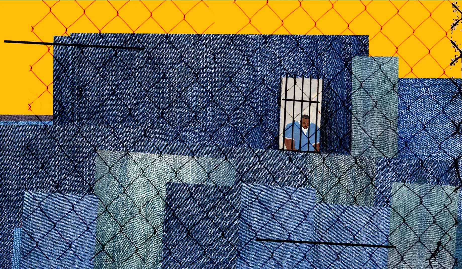 A prison built from the denim of Antwan's pants, with Antwan behind a barred window — Worn Stories, Netflix.