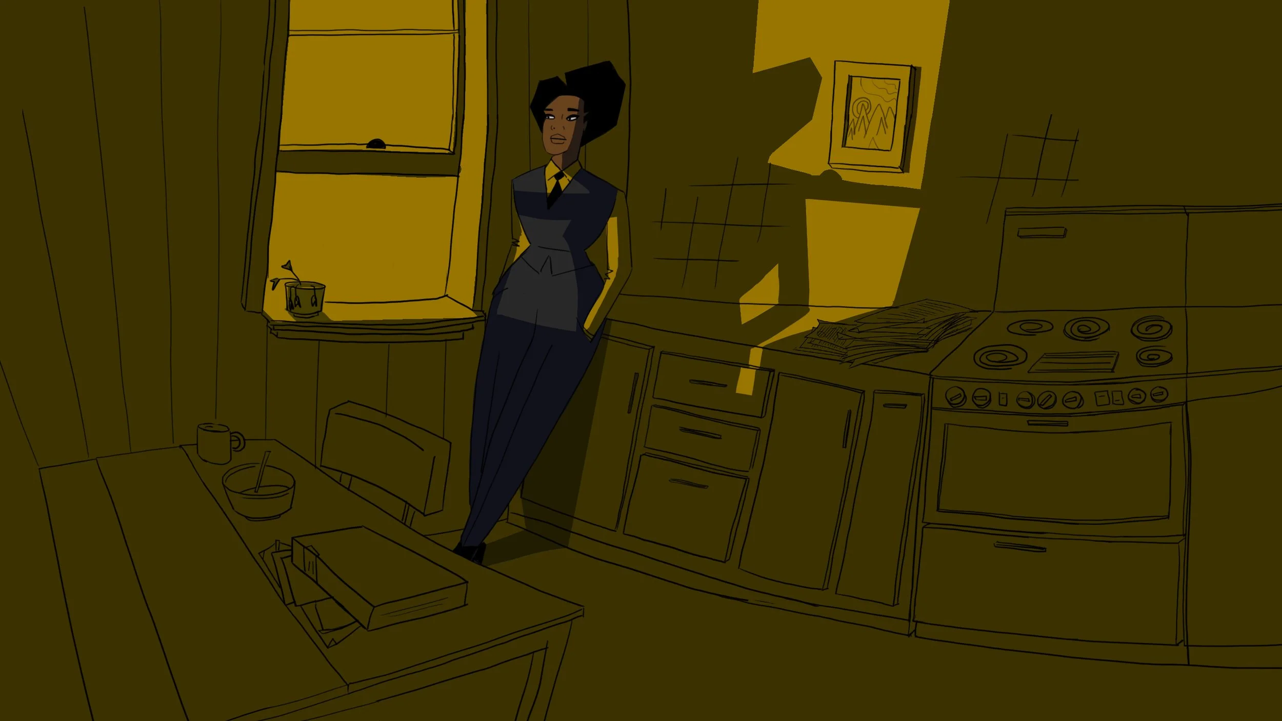 Pam leans against the counter in her kitchen, hands in her pockets — The Forgotten Four, Meow Wolf.