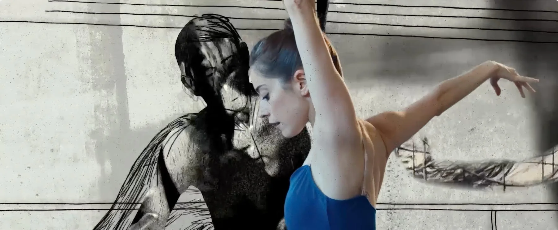 A dark drawn figure leans close to the ballerina, cheek to cheek — The Shimmering Asphalt, New York City Ballet.