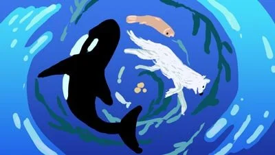 Color script: an orca and salmon circle in deep blue water — The Possibilities of Regeneration, Kiss the Ground.