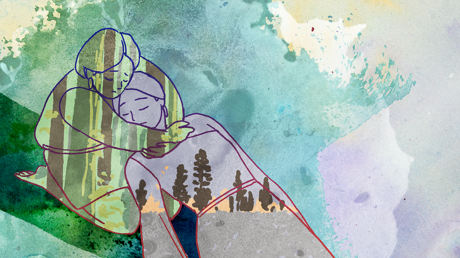 Two figures embrace, their bodies filled with forest and watercolor greens — The Possibilities of Regeneration, Kiss the Ground.