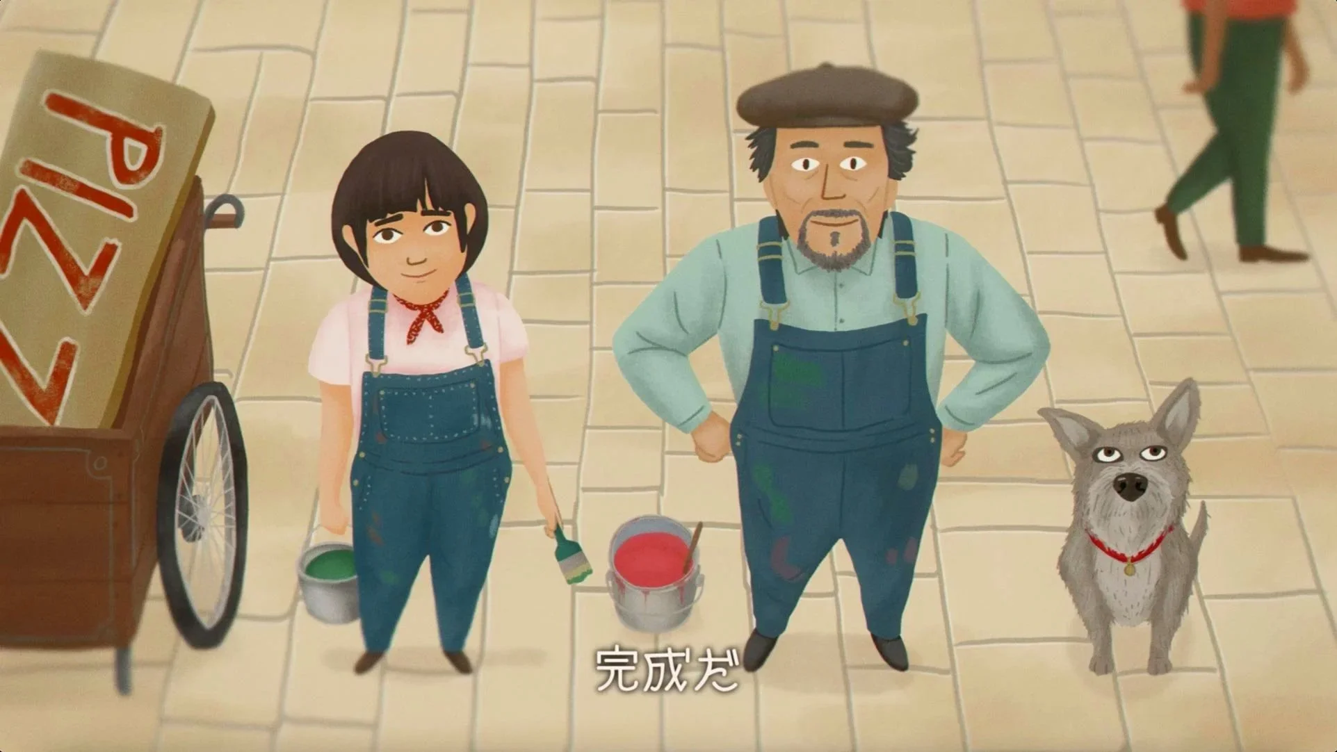 a girl, man and dog look up at a sign they painted in Pisa — Craft Boss Italiano, Suntory Dentsu Japan