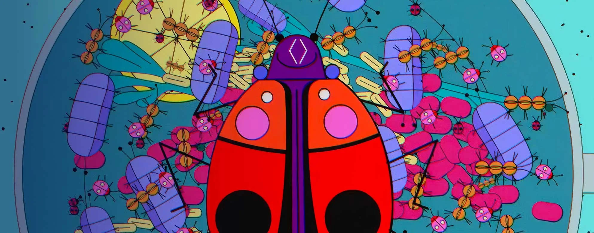 A robotic ladybug in a petri dish crowded with microbes and tiny insects — The Next Thing You Eat, Hulu.