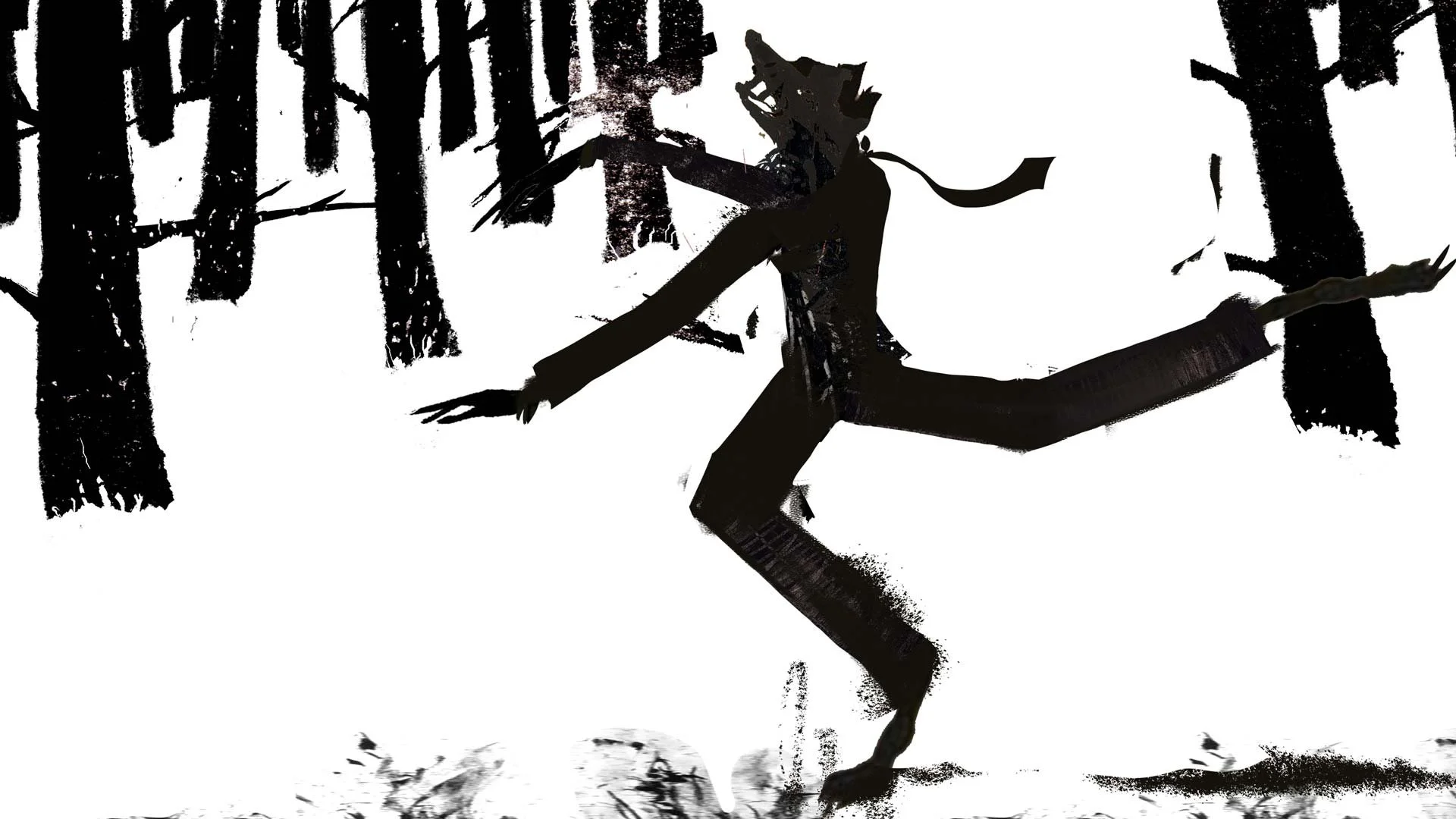 A wolf-headed man in a suit and tie runs through a snowy forest, mid-transformation — Between Dogs & Wolves, Wiener Staatsballett.