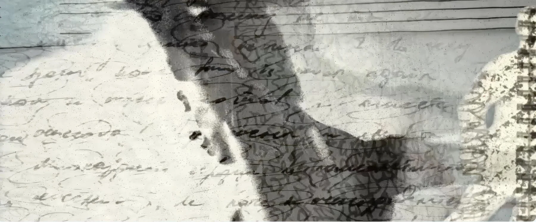 A drawn figure's shadow falls across a page of handwritten script — The Shimmering Asphalt, New York City Ballet.
