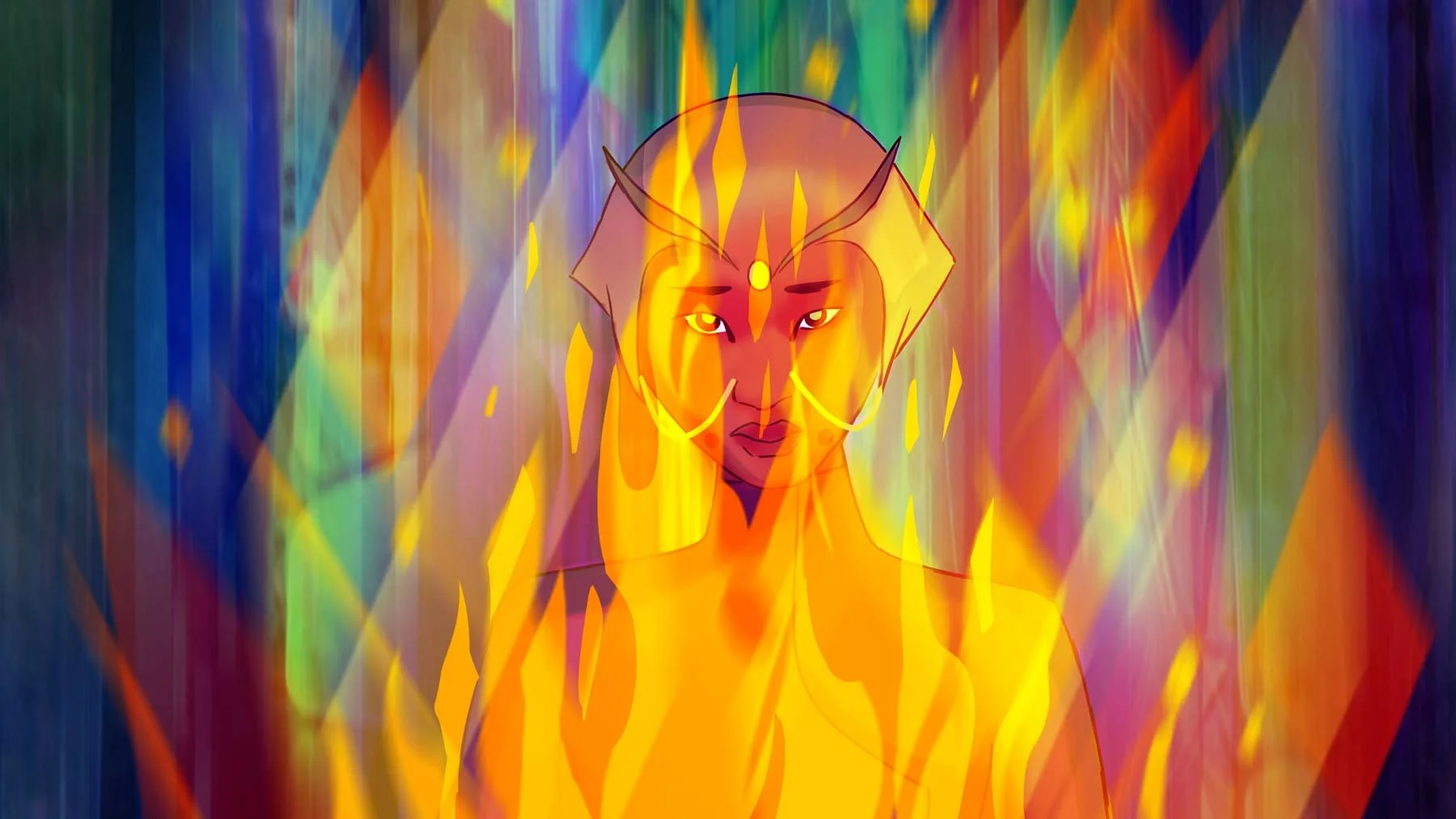 Araceli stands behind the flames of a sacred fire in the crystal cathedral — The Forgotten Four, Meow Wolf.