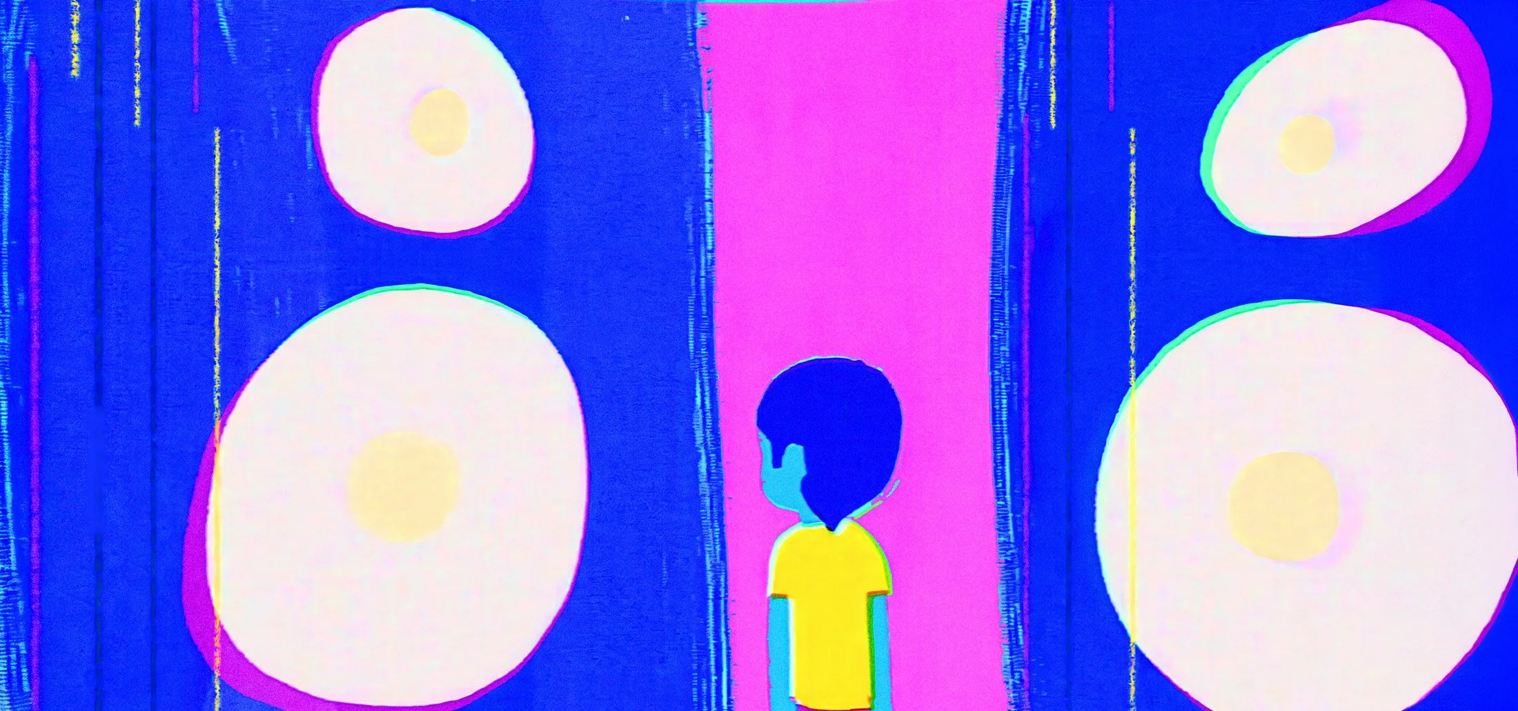 Young Mark Ronson stands in front of giant blue loudspeakers at his parents party — Watch the Sound, Apple TV