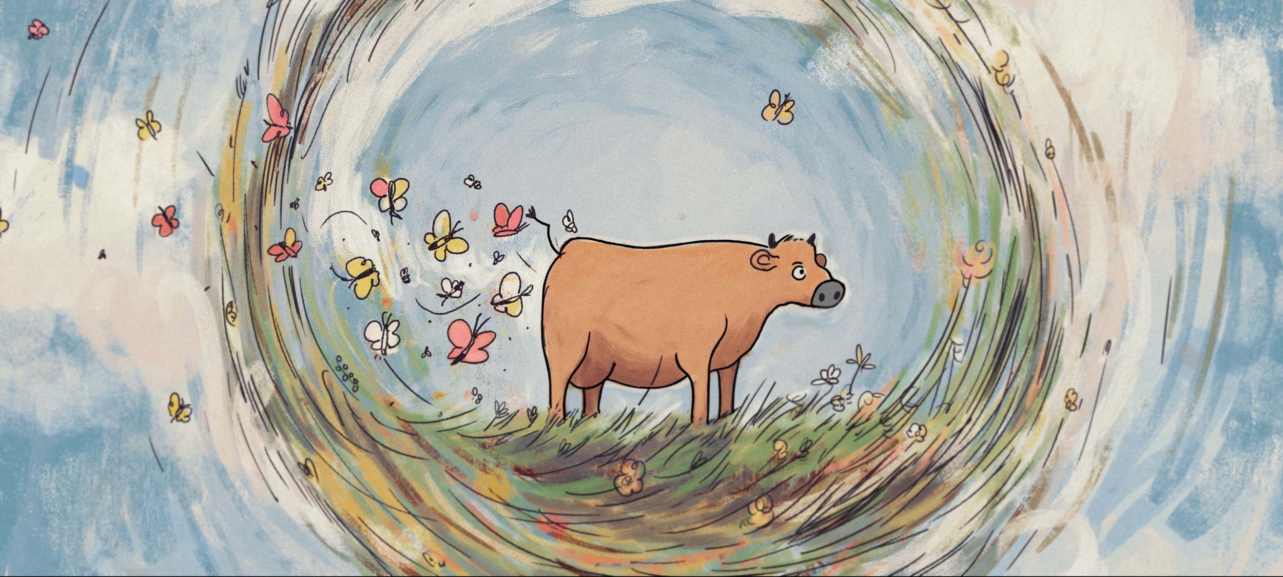 A cow stands inside a circle of plants and animals and farts butterflies — The Biggest Little Farm.