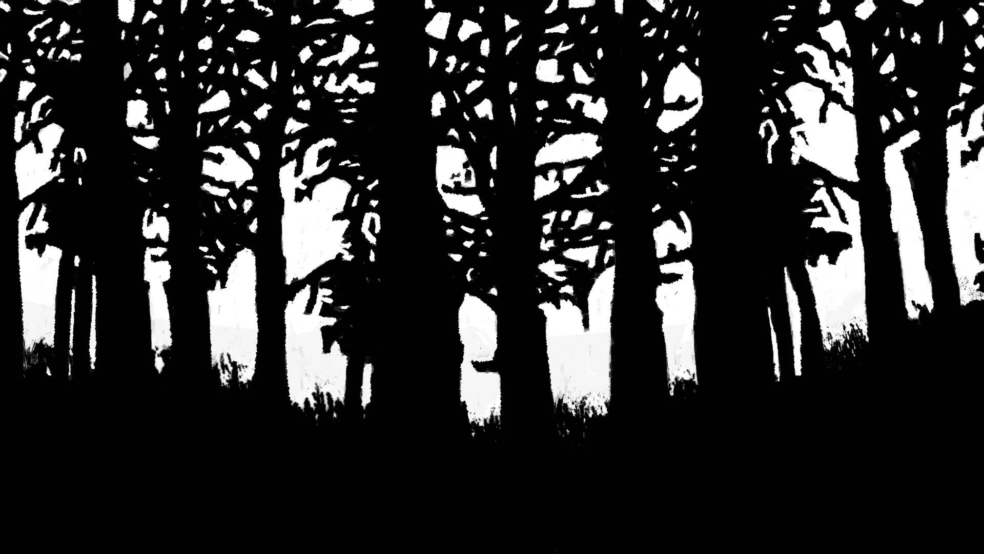 A dense black forest, its branches tangled against a pale sky — Between Dogs & Wolves, Wiener Staatsballett.