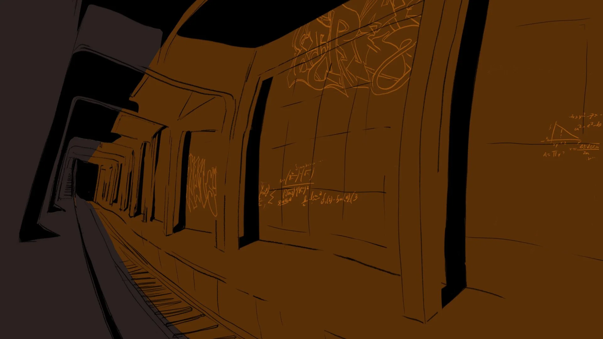 A dark subway tunnel scrawled with her equations, where young Pam searches for Numina — The Forgotten Four, Meow Wolf.