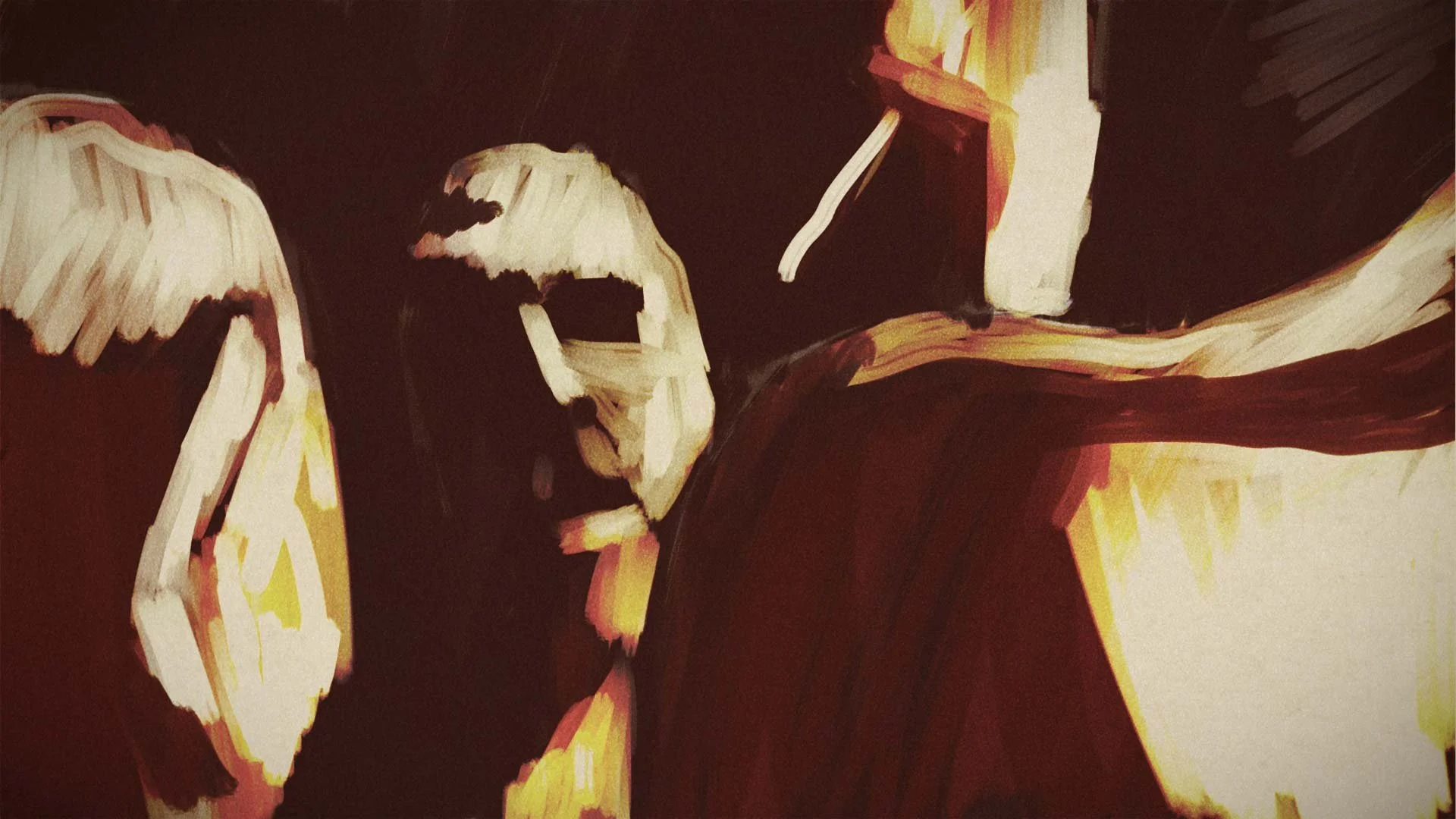 Color board for Crash, the attack Kailash could not stop: a dark figure lunges in thick, rough brushstrokes — The Price of Free.