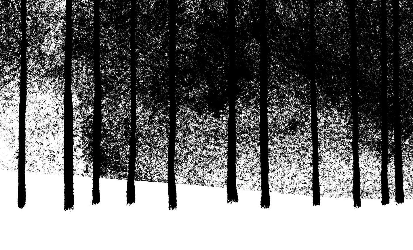 Bare trees stand against a dark, speckled sky above the snow — Between Dogs & Wolves, Wiener Staatsballett.