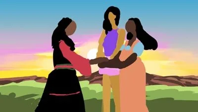 Color script: three women, of different generations, embrace at sunrise — The Possibilities of Regeneration, Kiss the Ground.