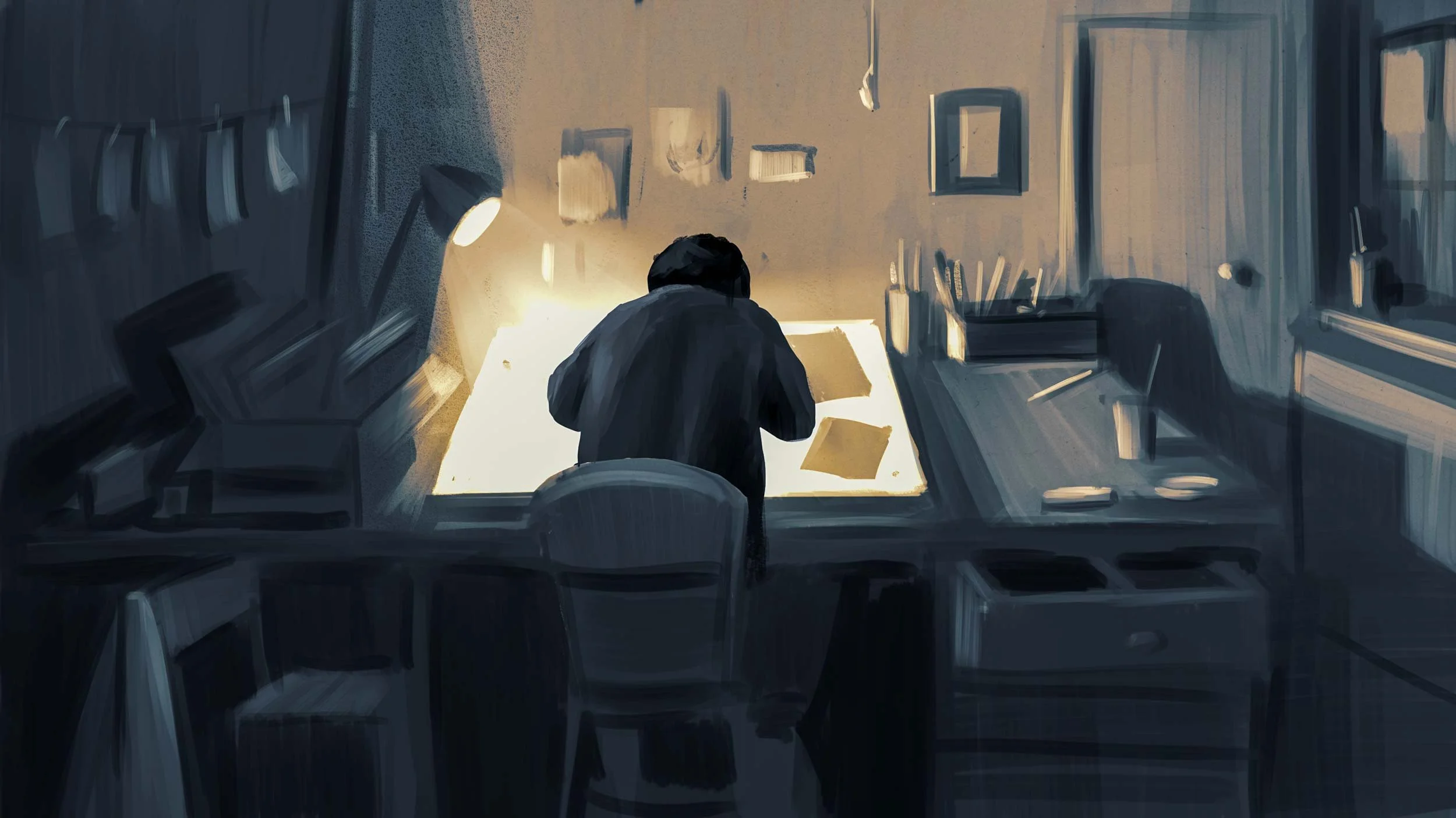 Kailash Satyarthi works late at his desk under a lamp in his apartment — The Price of Free.