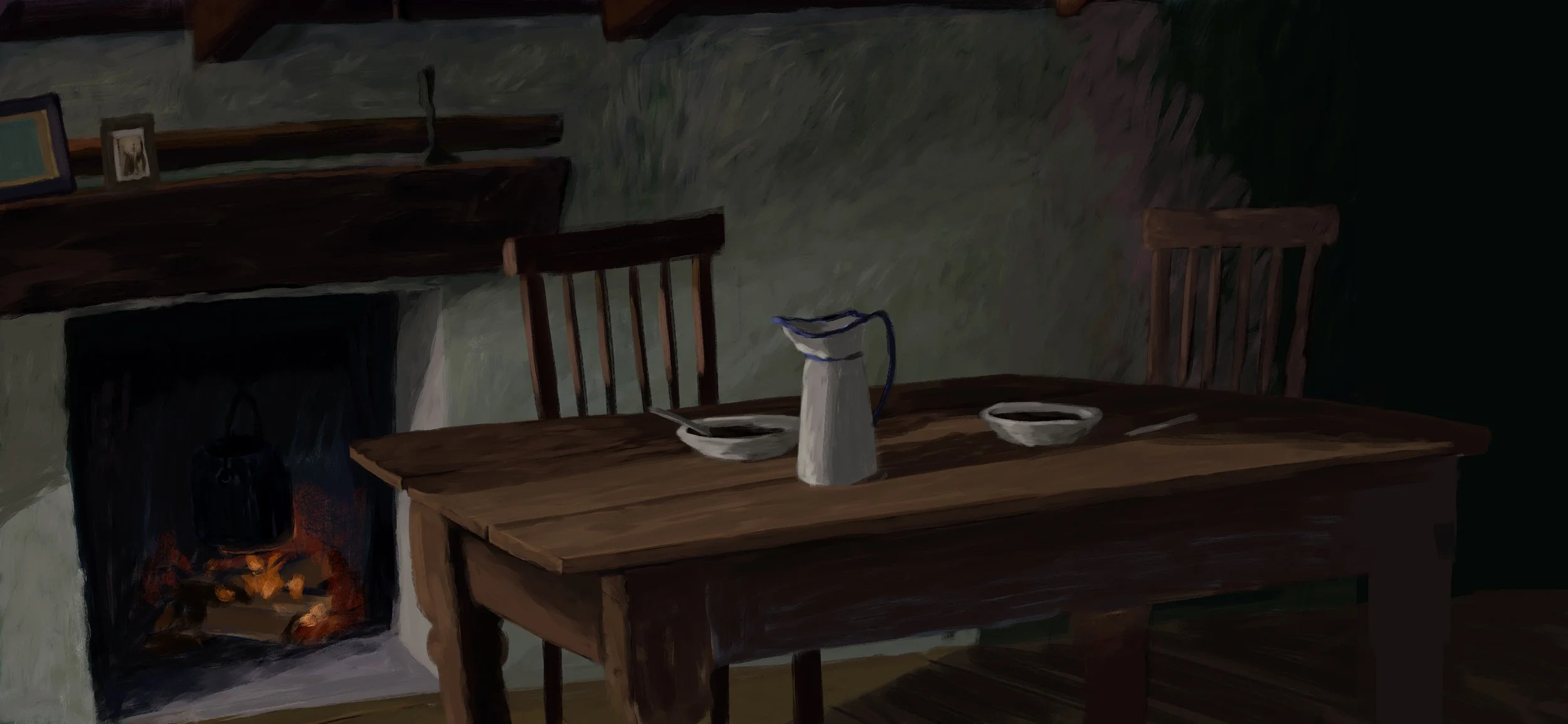 The main room of Moon's home, where he sits with his father: a worn wooden table set with two bowls and a white jug, lit by a low fire in the hearth — Moon & the Dolphin, BFI.