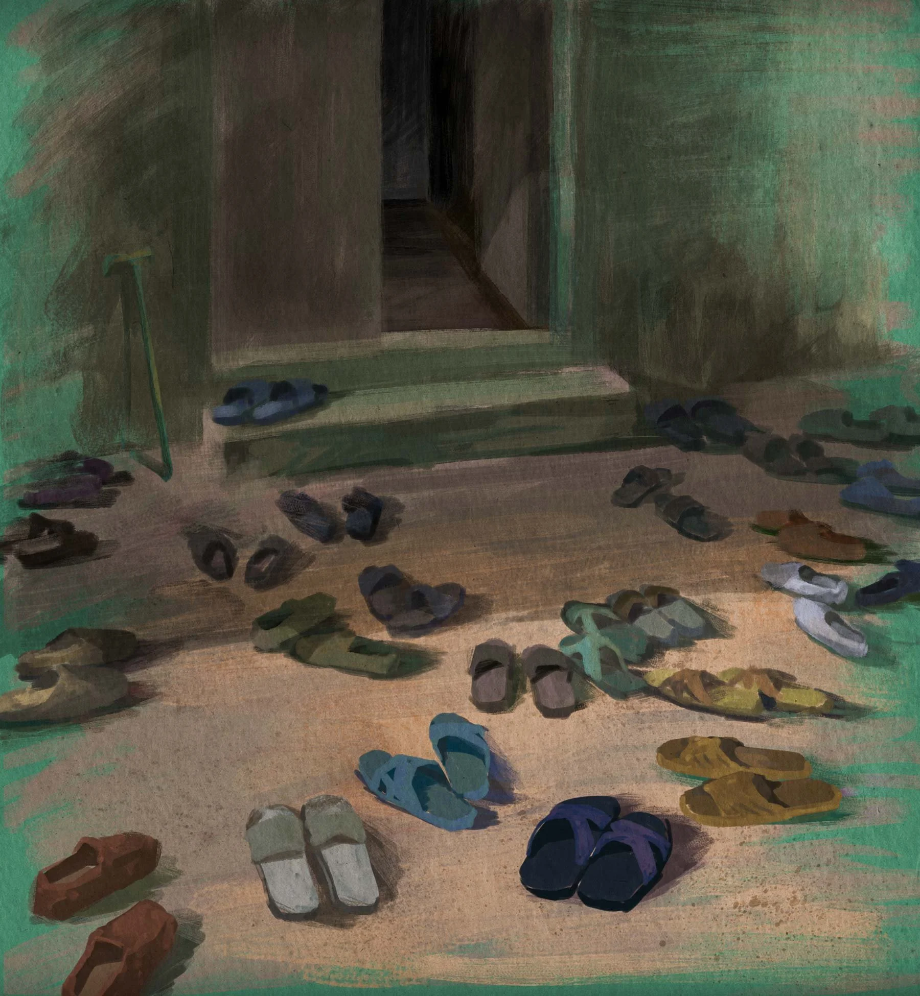 Shoes lie scattered outside the doorway of a mosque — He Named Me Malala.