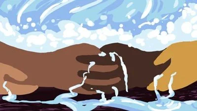 Color script: two hands clasp to retain rushing water — The Possibilities of Regeneration, Kiss the Ground.