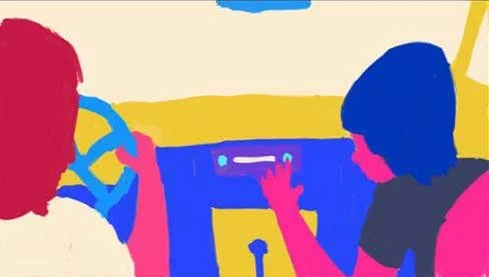 Dave's mom drives as Dave reaches over to turn on the car radio — Watch the Sound, Apple TV+.