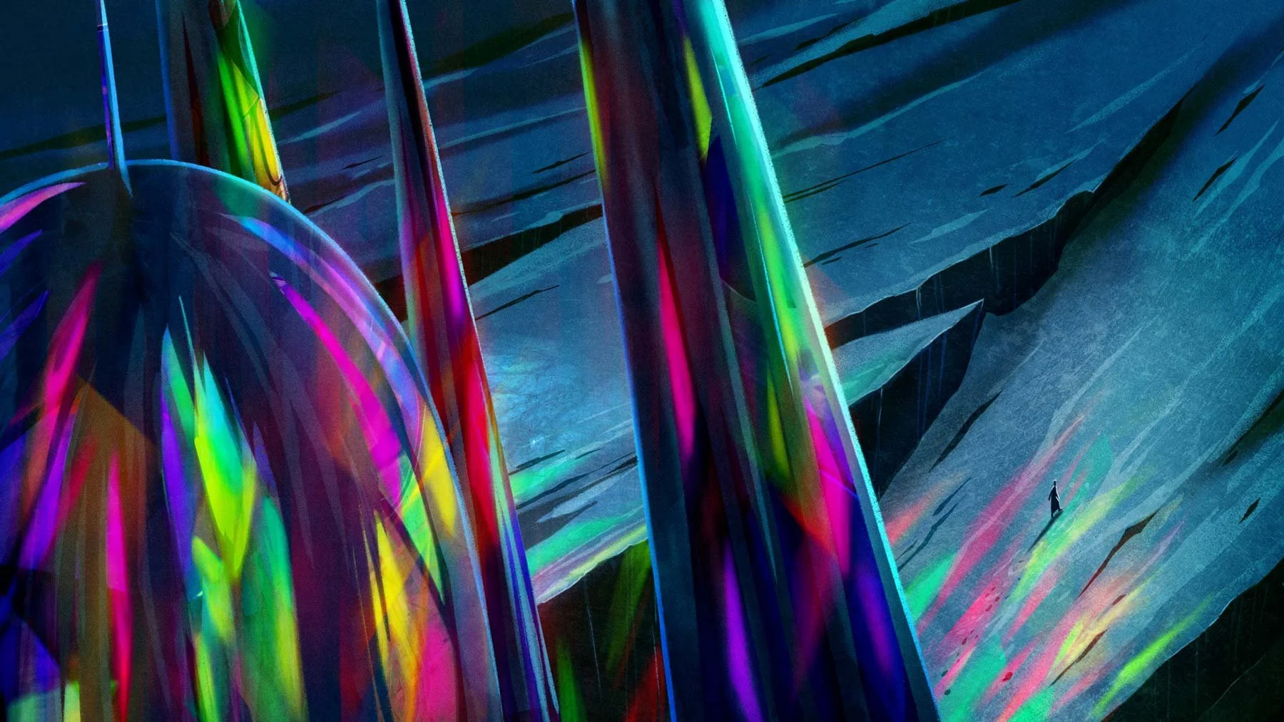 The crystal cathedral looms over a tiny Panoa as she walks off into the icy abyss — The Forgotten Four, Meow Wolf.