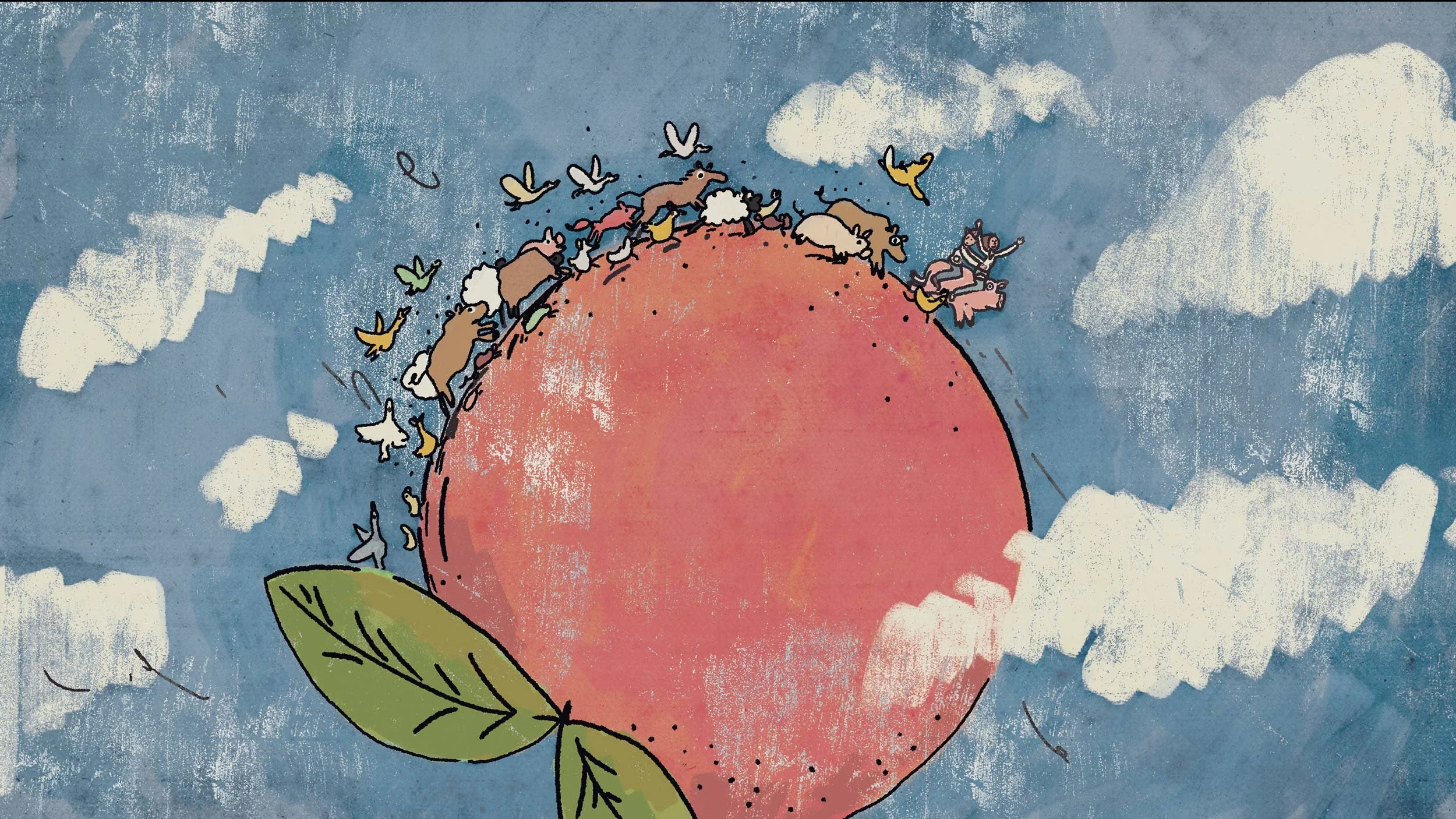 Farm animals gather on top of a giant peach floating in a blue sky — The Biggest Little Farm, Neon.