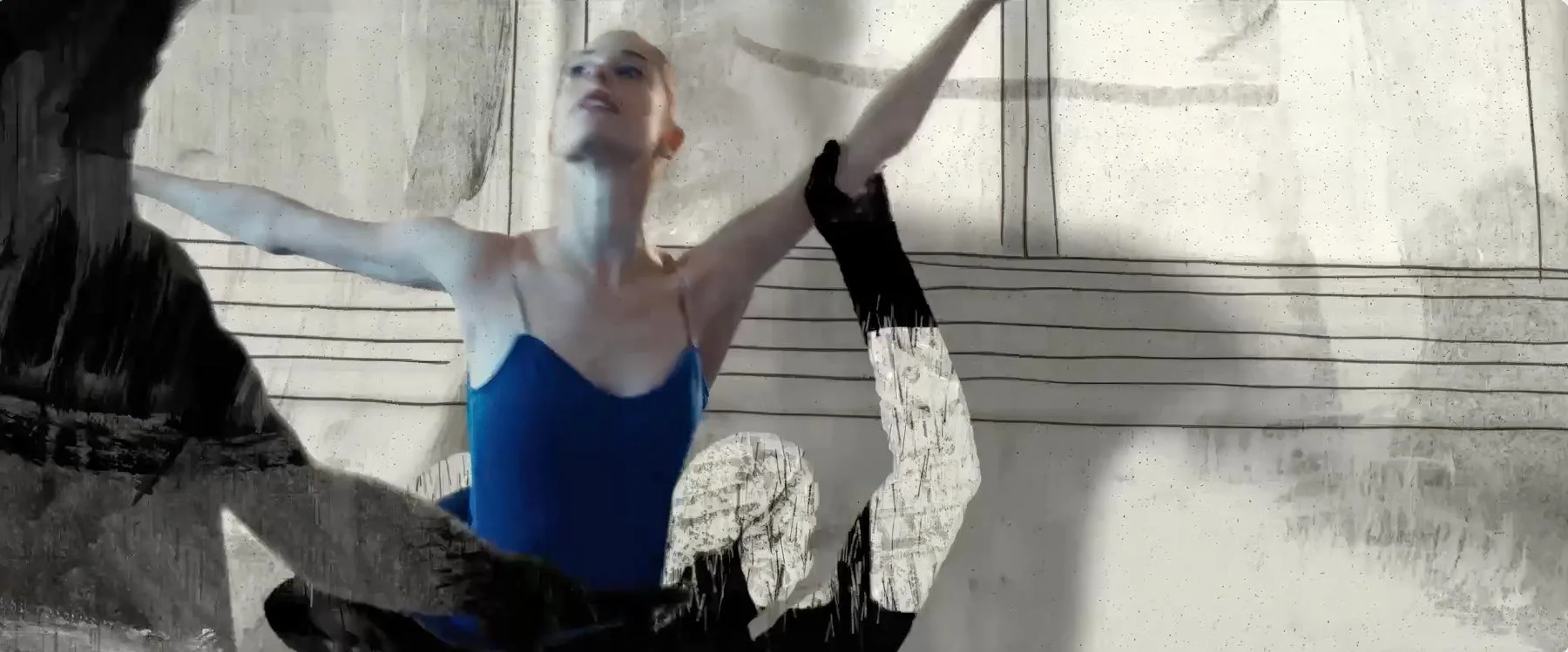 The ballerina reaches upward as a drawn figure curls around her — The Shimmering Asphalt, New York City Ballet.
