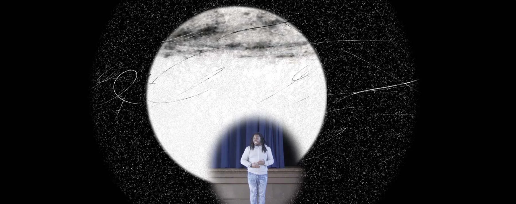 A rehearsal composite of Darius placed inside a projected circle of light, testing how he'd look within the animation — The Power of Proximity, Skoll World Forum.