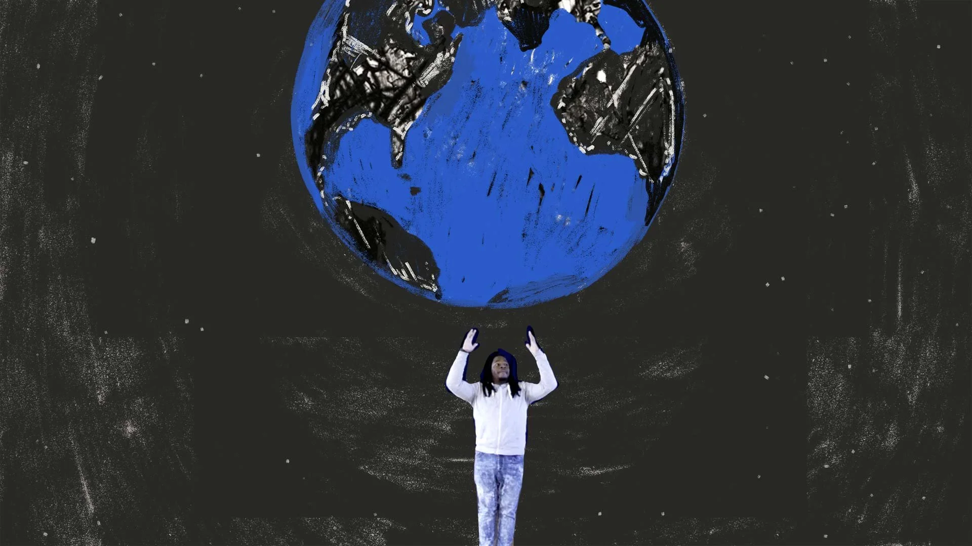 Darius raises his arms beneath a painted blue globe — The Power of Proximity, Skoll World Forum.