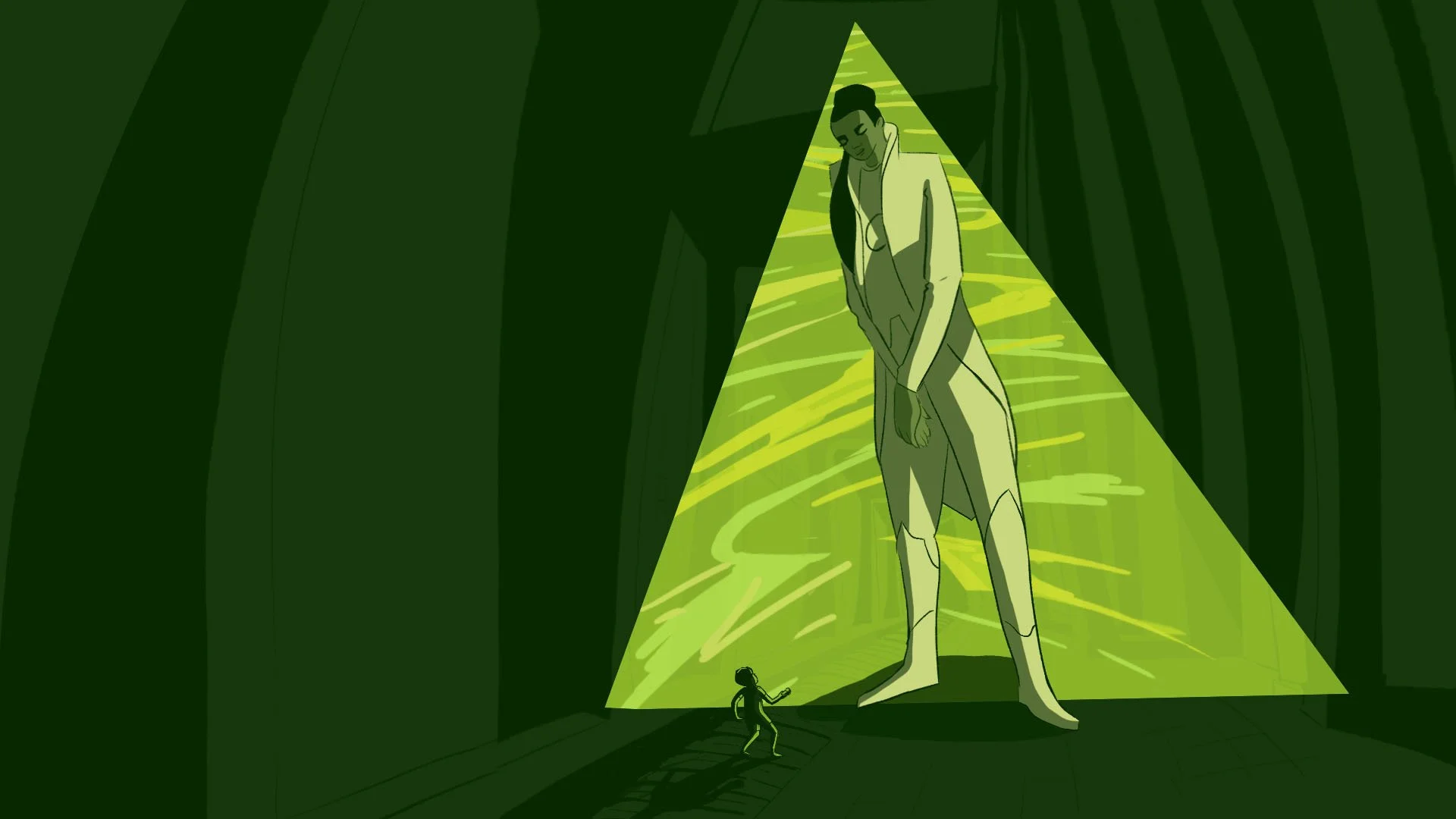 In a subway tunnel, young Pam watches a rift open in time and space as Darya appears, huge against the tunnel walls — The Forgotten Four, Meow Wolf.