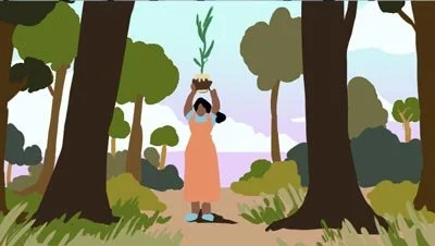 Color script: a woman lifts a seedling overhead among tall trees — The Possibilities of Regeneration, Kiss the Ground.