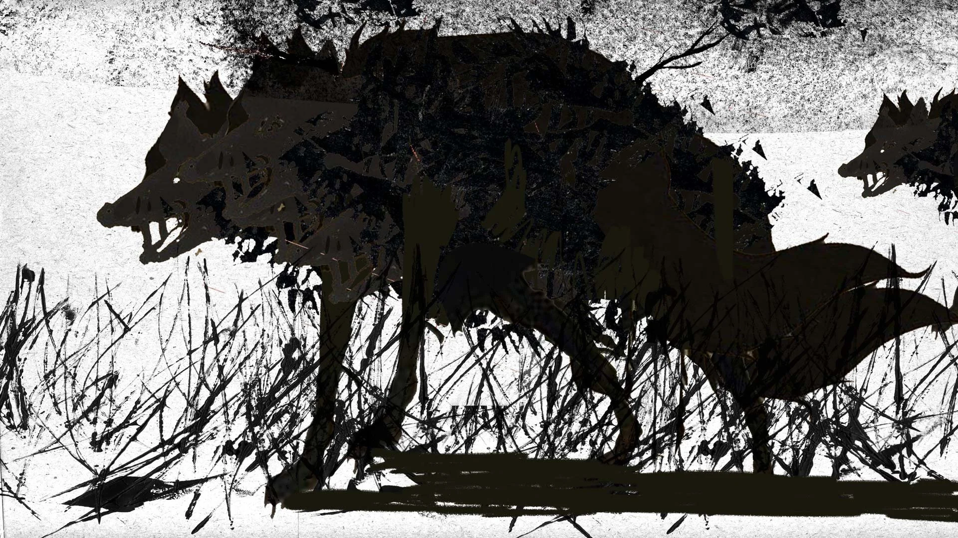 A snarling wolf, its fur bristling in jagged black strokes, crouches in the grass — Between Dogs & Wolves, Wiener Staatsballett.