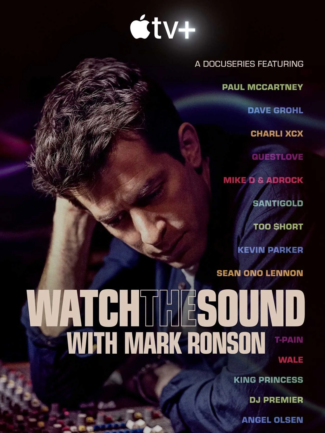 Poster for Watch the Sound: Mark Ronson leans over a mixing desk beside a list of guest names — Apple TV+.
