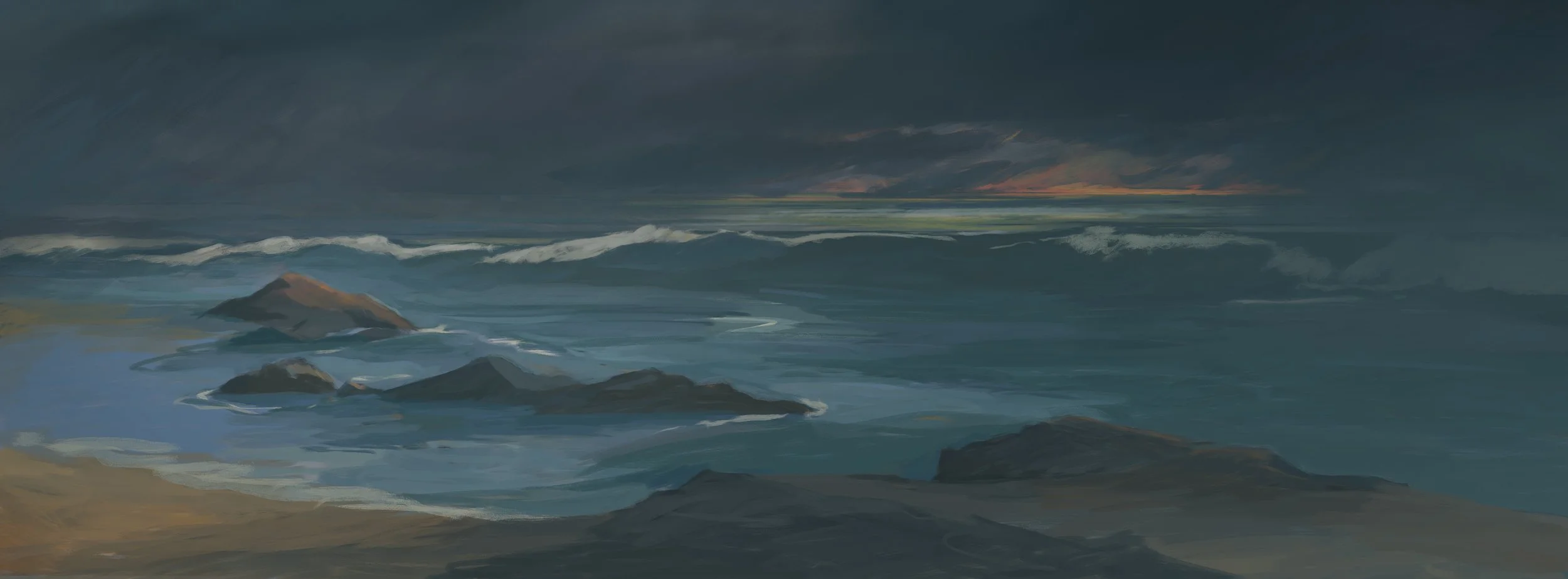 The Cornish coast just after a storm: waves break against dark rocks under heavy gray clouds, with a thin line of orange light on the horizon — Moon & the Dolphin, BFI