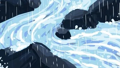Color script: a white river rushes over dark rocks in the rain — The Possibilities of Regeneration, Kiss the Ground.