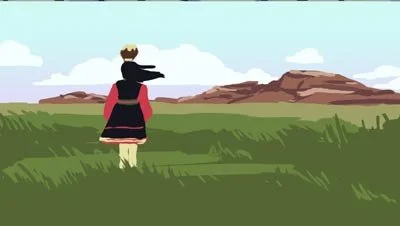 Color script: a woman in traditional dress looks out over grassland toward red mesas — The Possibilities of Regeneration, Kiss the Ground.